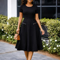 D619  foreign trade  new women's elegant minimalist round neck slimming solid color dress