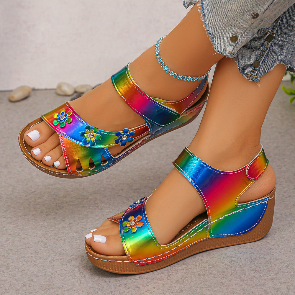 export plus size wedge heel women's sandals summer new hollow-out one-strap sandals beach thick-soled floral sandals