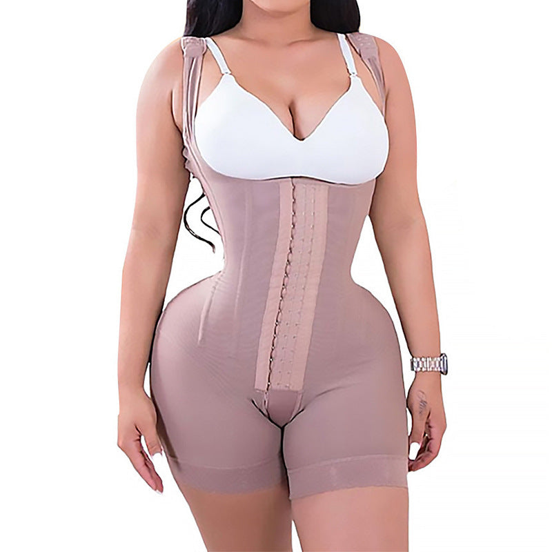 Open steel frame pressurized jumpsuit with buttons and non-slip weight 260 fashion shoulder straps adjustable body shaping garment to lift buttocks and beautify body