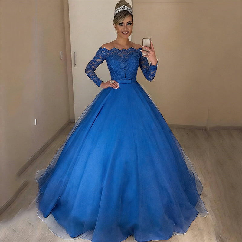 new foreign trade  fashion one-shoulder v-neck slim-fit trendy puffy train wedding dress with lace trim