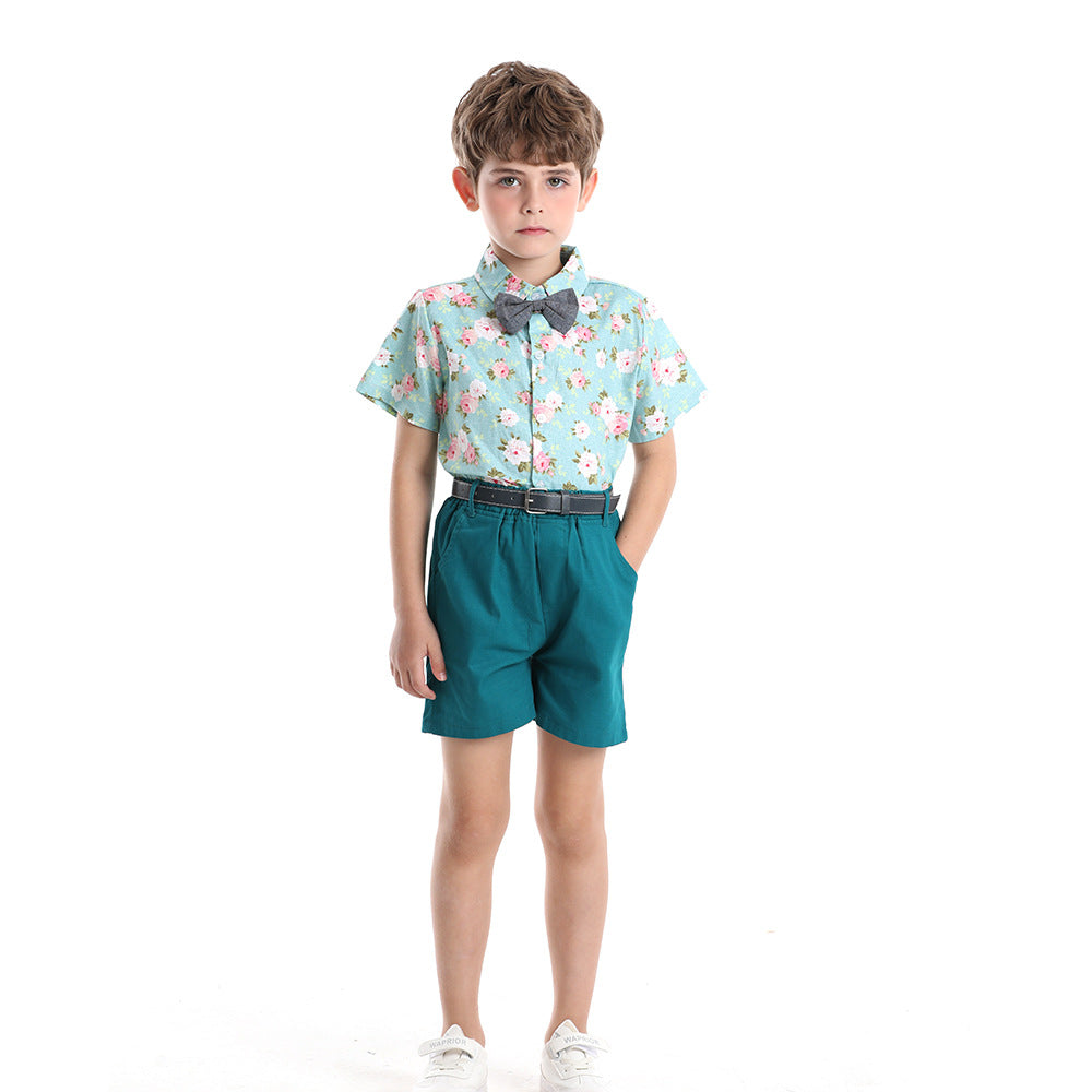 European and american style boys' outfit set: short-sleeve printed shirt, overalls, bow tie - beach-themed cross-border children's wear wholesale