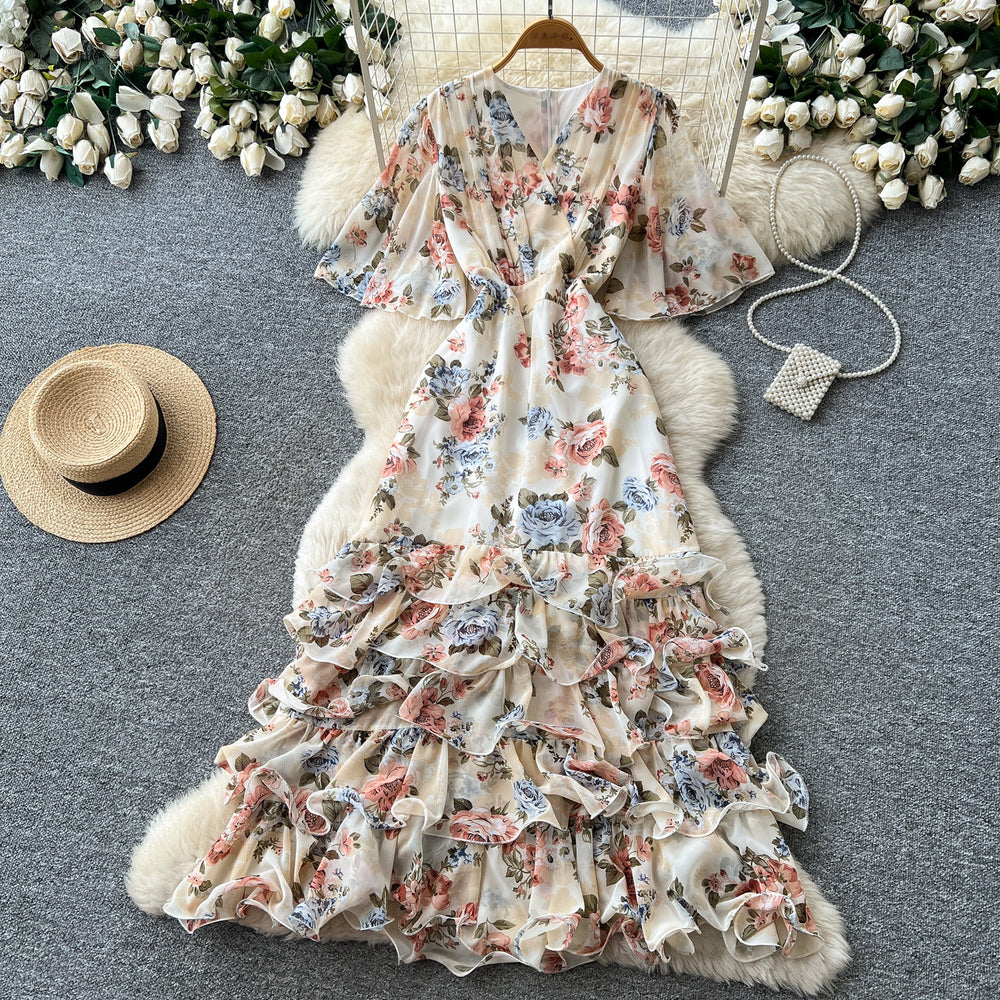 K-stylev neck floral multi-layer dress women's summer short sleevehigh waist cake skirt romantic style pinkelegant long skirt
