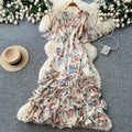 K-stylev neck floral multi-layer dress women's summer short sleevehigh waist cake skirt romantic style pinkelegant long skirt