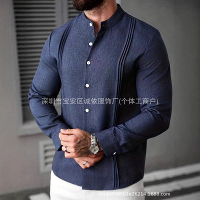 cross-border hot-selling men's solid color stand collar long sleeve shirt - minimalist single-breasted, everyday casual, versatile men's apparel