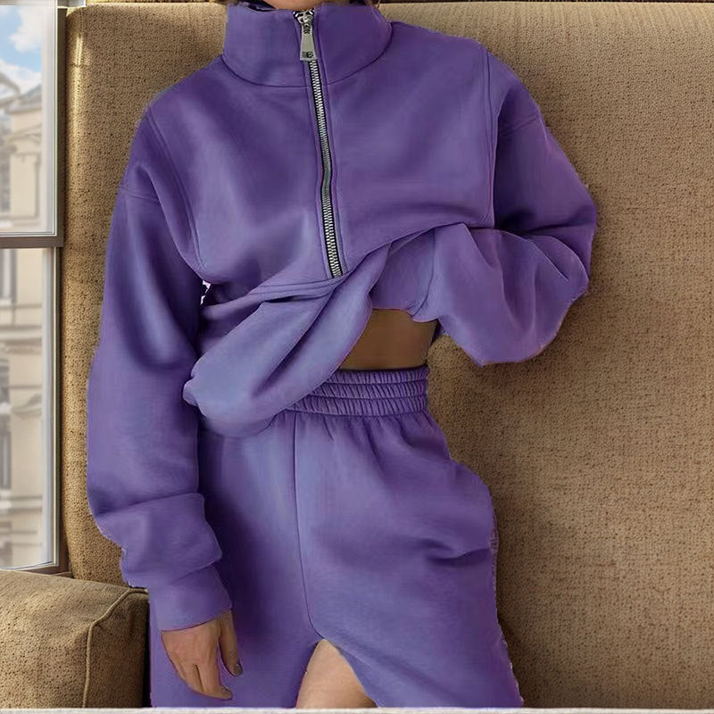 cross-border e-commerce european and american women's clothing: new summer collection - fashionable casual fleece-lined sporty zip-up hoodie set