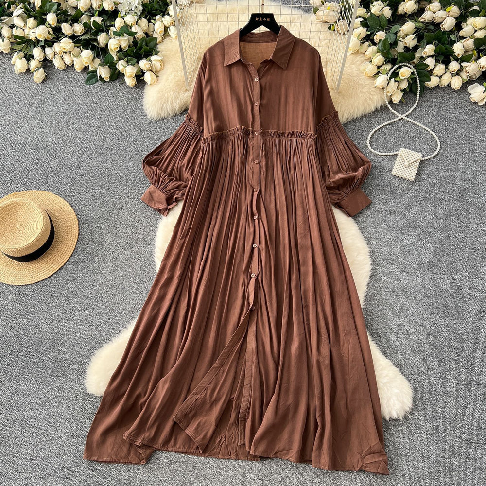 Vintage-inspired casual dress for women - spring  collection: pleated lantern sleeve, relaxed fit, single-breasted shirt dress