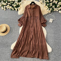 Vintage-inspired casual dress for women - spring  collection: pleated lantern sleeve, relaxed fit, single-breasted shirt dress