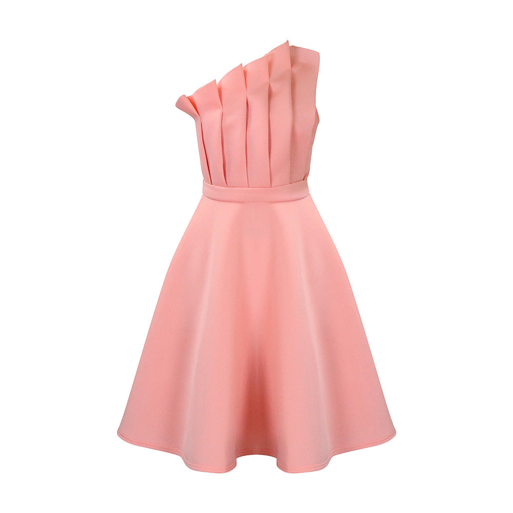 D3200 plus size women's summer sexy asymmetrical neck ruched high waist evening gown party dress - cross-border dress