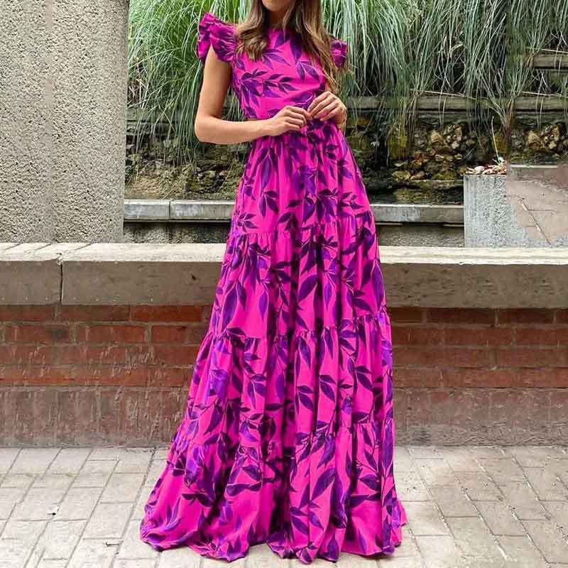 cross-border e-commerce european and american women's clothing: new summer collection - fashionable and elegant printed flutter sleeve high-waisted dress 661