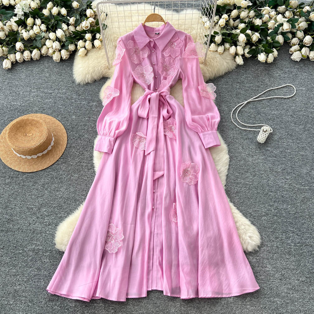 Frenchclassyheavy industry beadingstereoflowerslong sleevesdress women's autumn strap waist slimming look single breasted long skirt