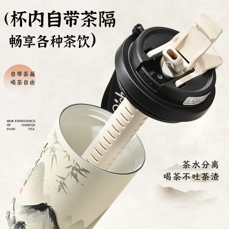 Ink style national trend portable thermos cup chinese style double drinking lid coffee cup 316 stainless steel ceramic liner water cup