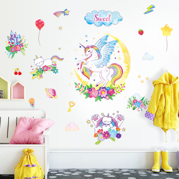 New sticker cartoon moon meow unicorn wall sticker children's room entrance door cabinet decorative sticker HT94011