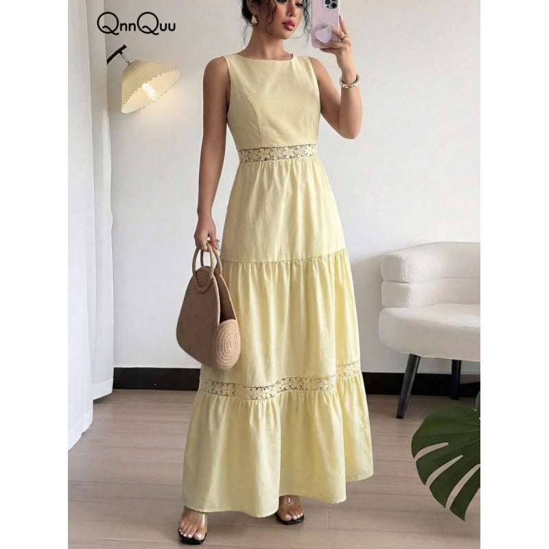 fashionsummernew arrival round neck sleeveless cut outlaceeleganceromanticcasual vacation dress