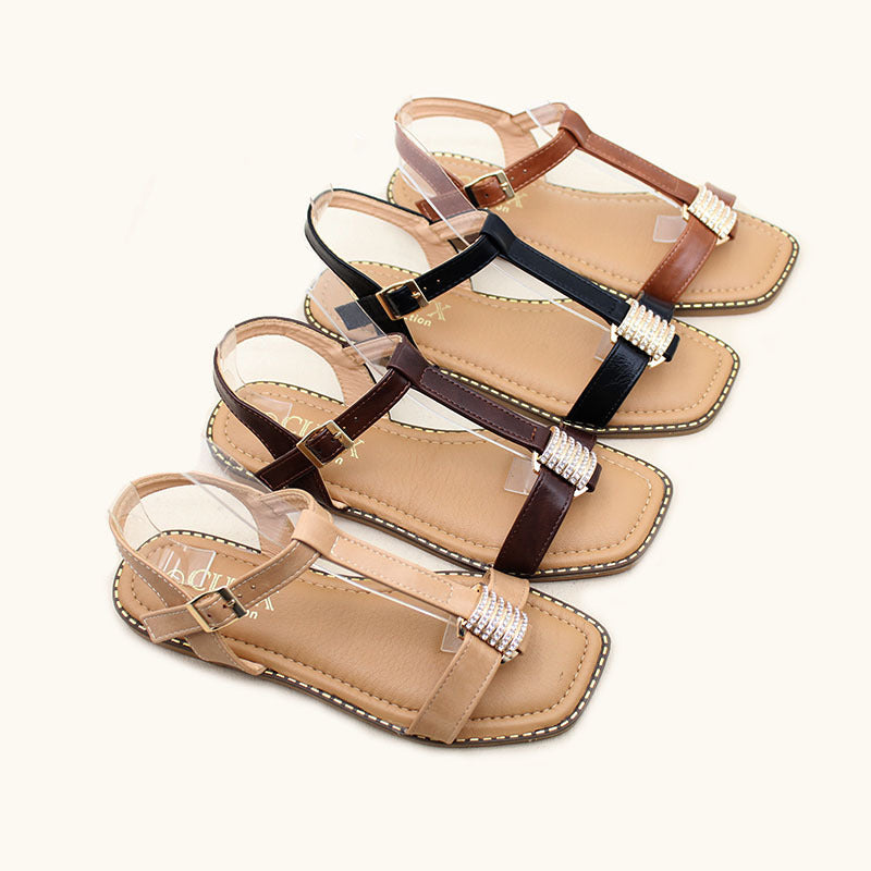 Wholesale spot fashion rhinestone buckle with sandals flat comfortable shoes non-slip wear-resistant sandals