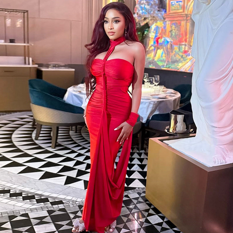 European and american style solid color elegant women's backless tie-up bandeau bodycon dress with ruched off-the-shoulder neckline - perfect for banquets and formal events