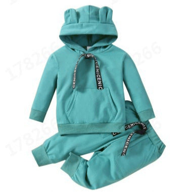 Spring/autumn kids' two-piece outfit set: hooded top and pants with large pockets for baby boys and girls. factory direct, ships in bulk