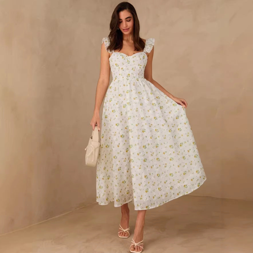 european and american cross-border new women's fitted french floral maxi dress
