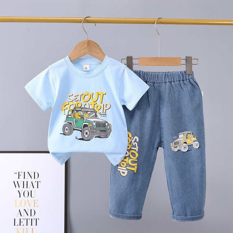 Boys' summer outfit  new style baby summer clothes wholesale off-road car trendy two-piece set for mid-to-large children