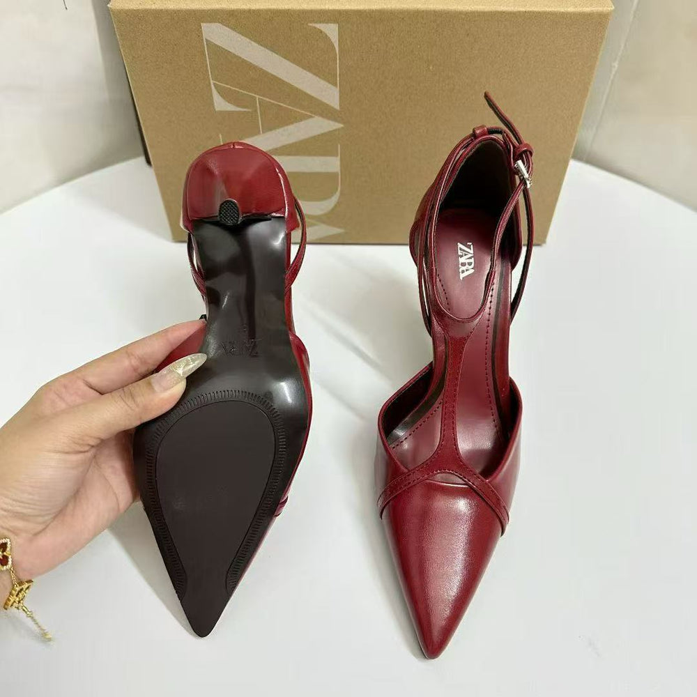 Za2025autum new women's shoes red patent leather effect suspenders pointed toe ultra high heel leather shoes sexyflats
