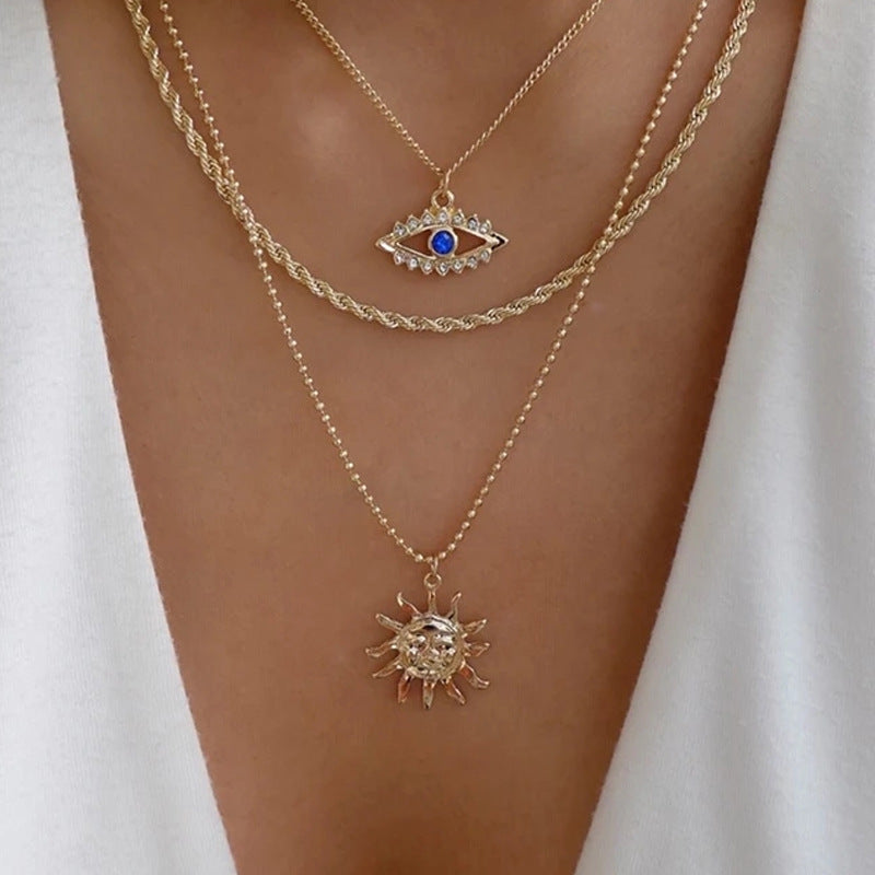 Stacked sunflower pendant wholesale cross-border retro multi-layer necklace niche high-end cross heart clavicle chain