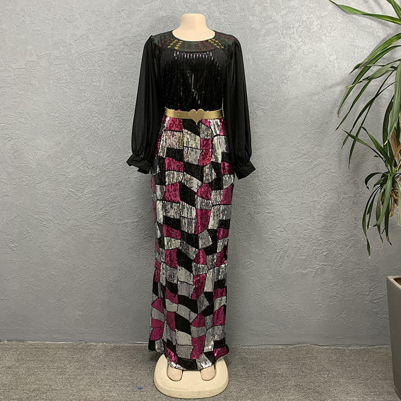 supply of african autumn fashion women's long lantern sleeves sequin evening dress women's waist long skirt