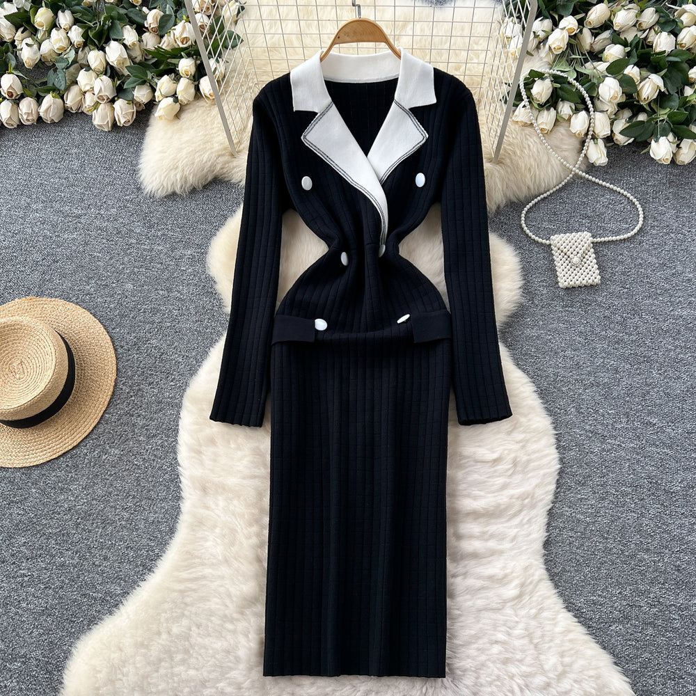Classy tweed stylefashionablecontrast color suit collar long sleeves double breasted waist knittingdress women's bottom long skirt
