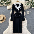 Classy tweed stylefashionablecontrast color suit collar long sleeves double breasted waist knittingdress women's bottom long skirt