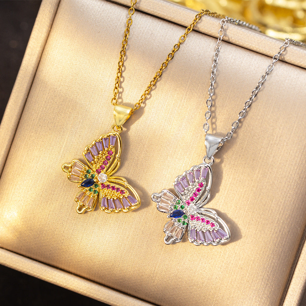 [titanium steel] fashion cross-border color zirconium butterfly necklace for women high-end light luxury versatile inlaid new sweater chain jewelry