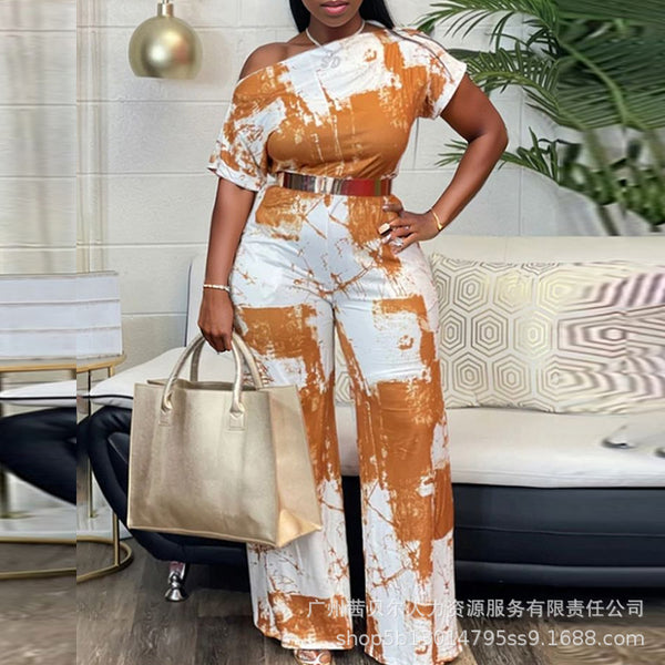 Temperament Women's Clothing 2023 European and American Women's Clothing Tie-Dye Off-Shoulder Waist Jumpsuit - No Belt