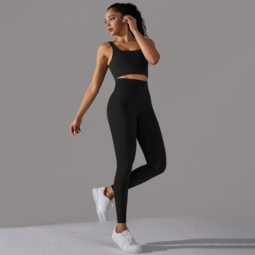 fashion seamless knittingpure color polka dot high elastic tight breathable yoga suit running fitness two-piece set