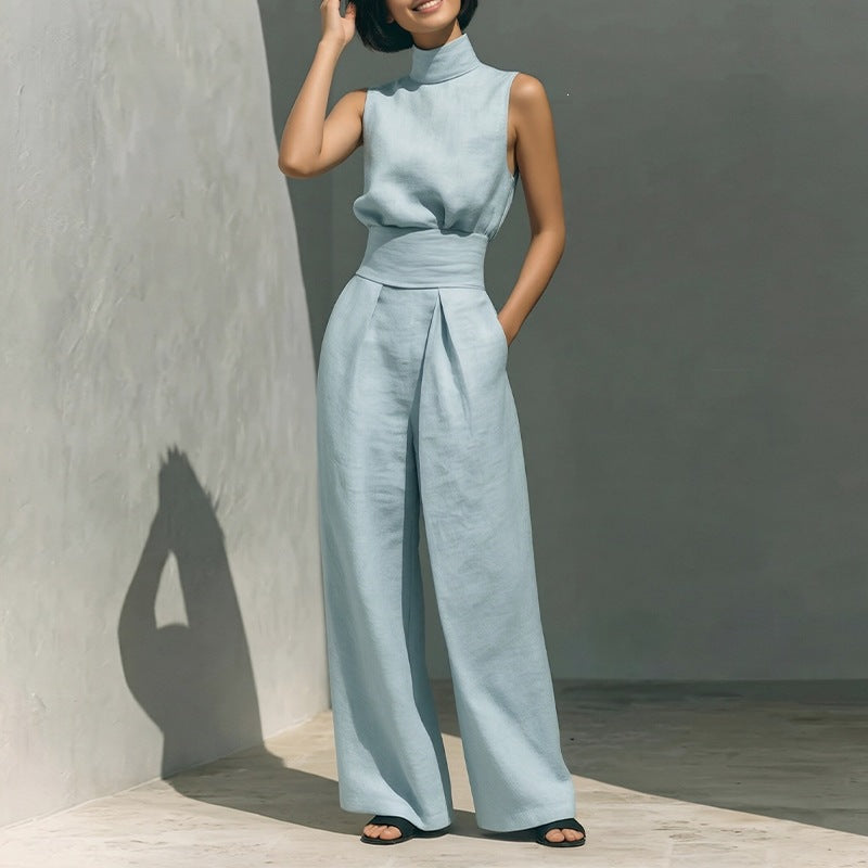 summer new women's clothing: cross-border european and american style, fashionable and elegant solid color high neck sleeveless straight-leg pants set