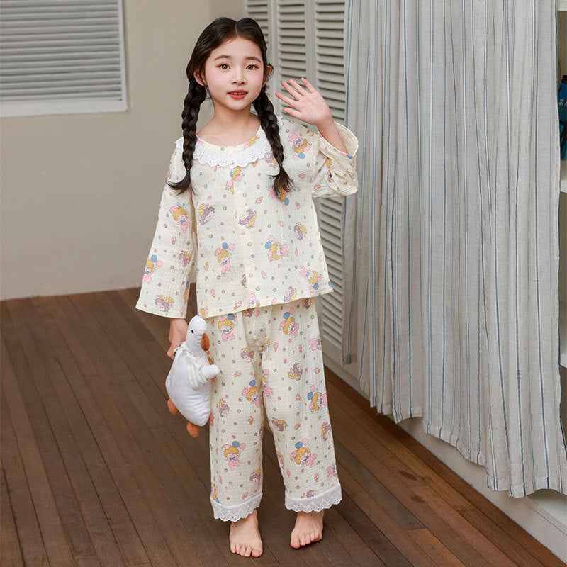 kids' cropped lounge set - boys & girls double-layer cotton gauze pajama set with baby lace trim and cartoon print