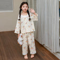 kids' cropped lounge set - boys & girls double-layer cotton gauze pajama set with baby lace trim and cartoon print