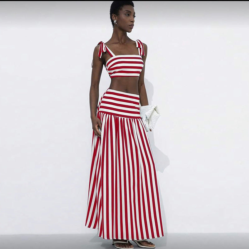 European and american style women's fall  sweet & fresh striped cami top and high-waisted slimming a-line midi skirt two-piece set