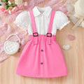 girl fake two-piece dress pink suspender patchwork lantern sleeve white shirt tops cute kids skirt