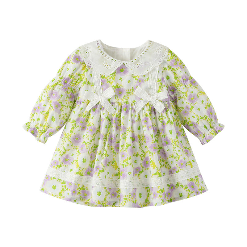 New girls' spring/autumn dresses: floral print long-sleeve princess dress with lace and bow detail - wholesale