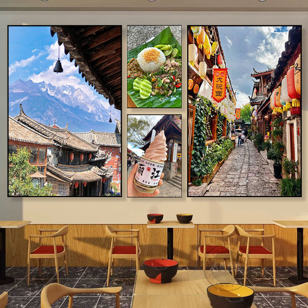 Yunnan decorative painting Lijiang ancient city food city architecture landscape hanging painting restaurant hotel hot pot restaurant restaurant mural