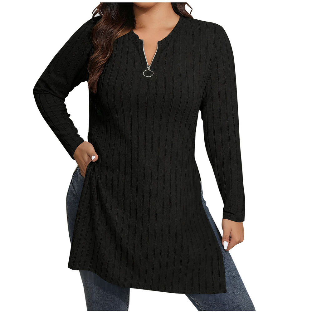 cross-border  women's casual solid color half-zip v-neck loose fit side slit long sleeve top