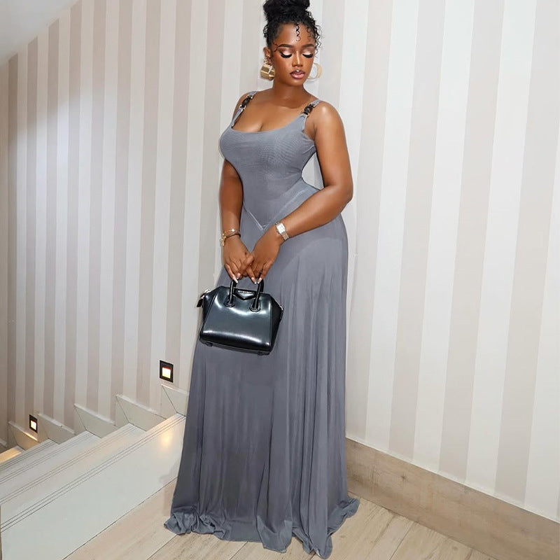 European and american cross-border women's fashion:  autumn new arrivals - sexy and elegant square neck slim-fit gray slip dress