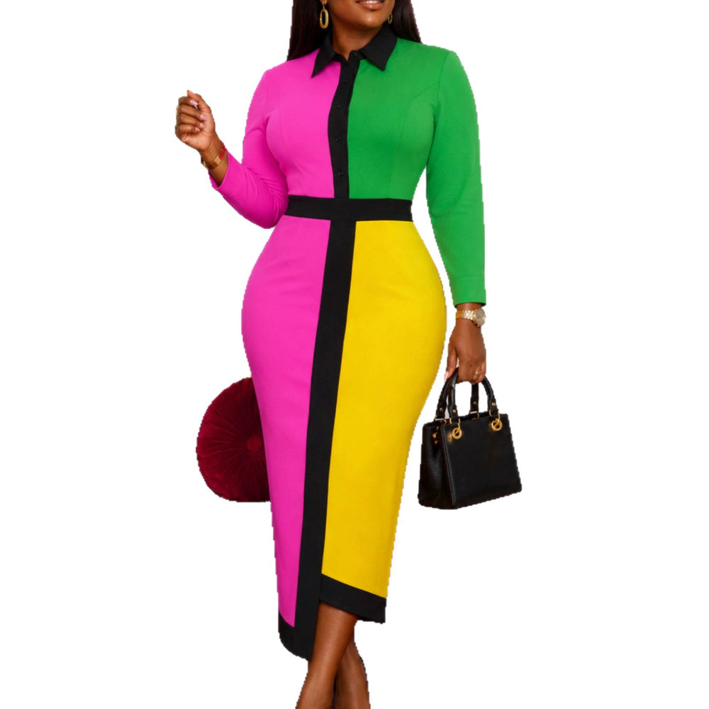 Fall and winterlong sleevespatchworkcontrast color slitelegancedress shirt collarwork clothing dinner hip-covering dressdresses
