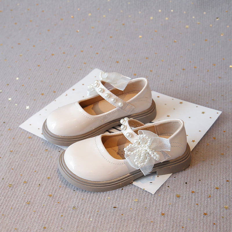 Vancahao kids' black leather shoes -  autumn new collection - girls' fashionable beaded bowknot patent leather princess shoes