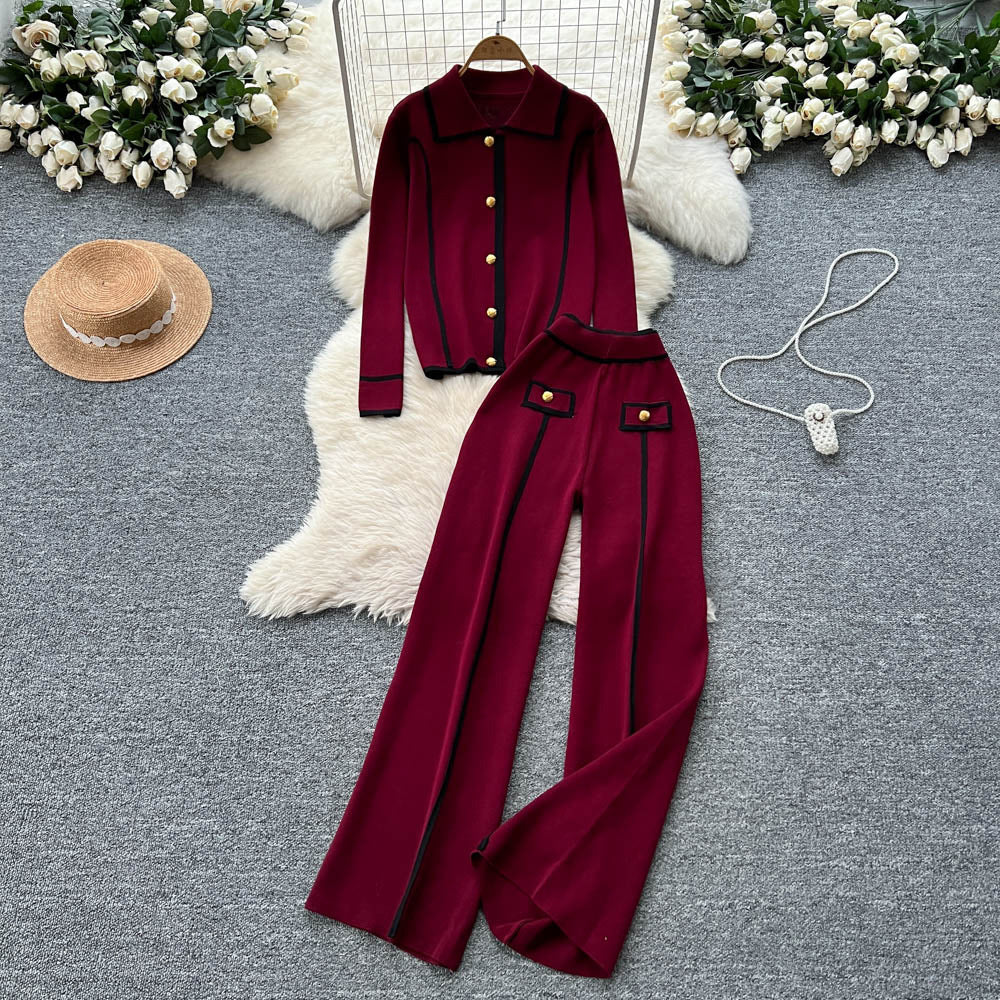 High-end fashionablecontrast color metal buckle polo collar long sleevesknittingtops women's high waist wide leg straight-leg pants two-piece set