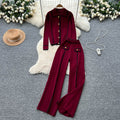 High-end fashionablecontrast color metal buckle polo collar long sleevesknittingtops women's high waist wide leg straight-leg pants two-piece set