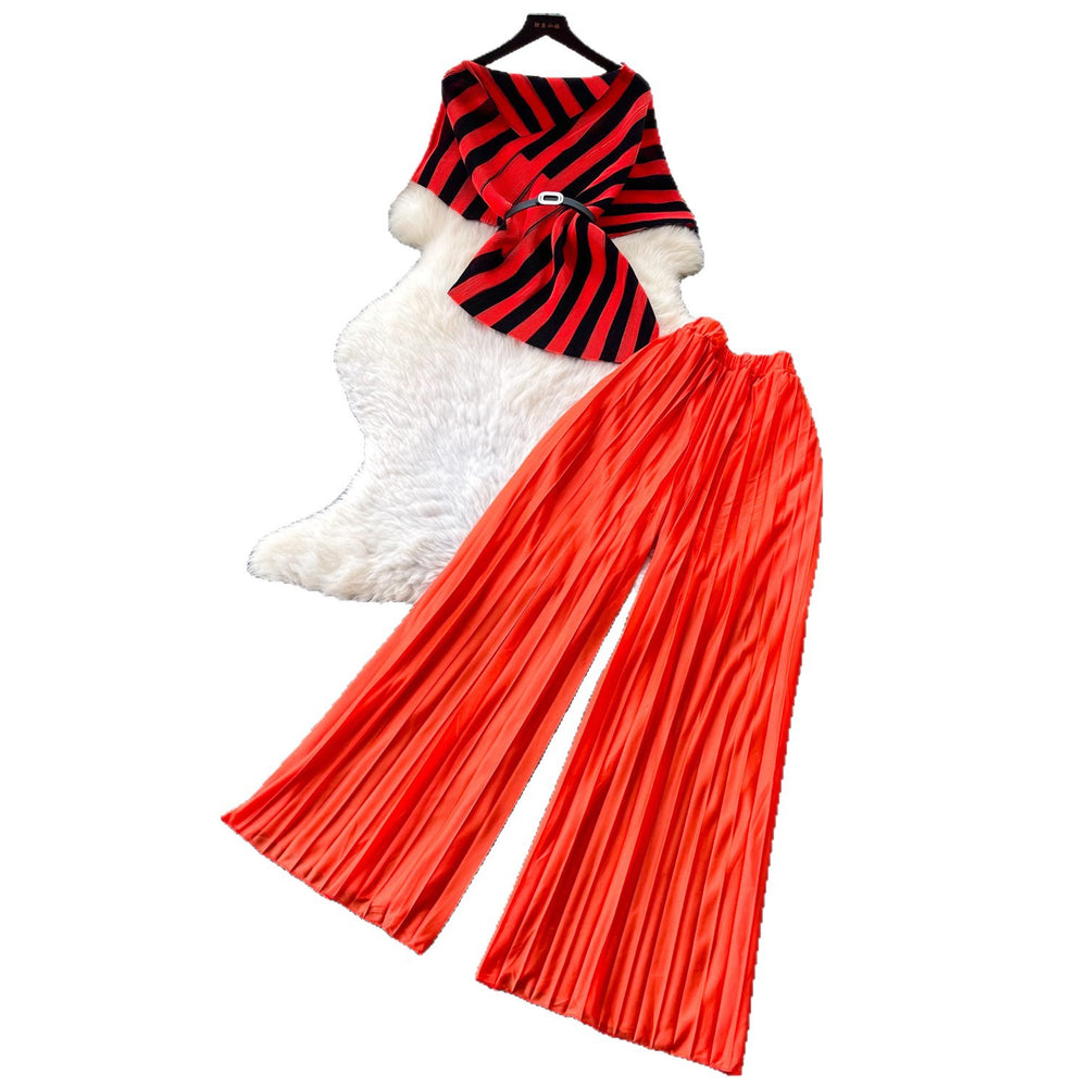 Light mature style stripestopshigh waistpleatedloose pants women's summerasymmetricalslimming lookeleganttwo-piece setwork clothing
