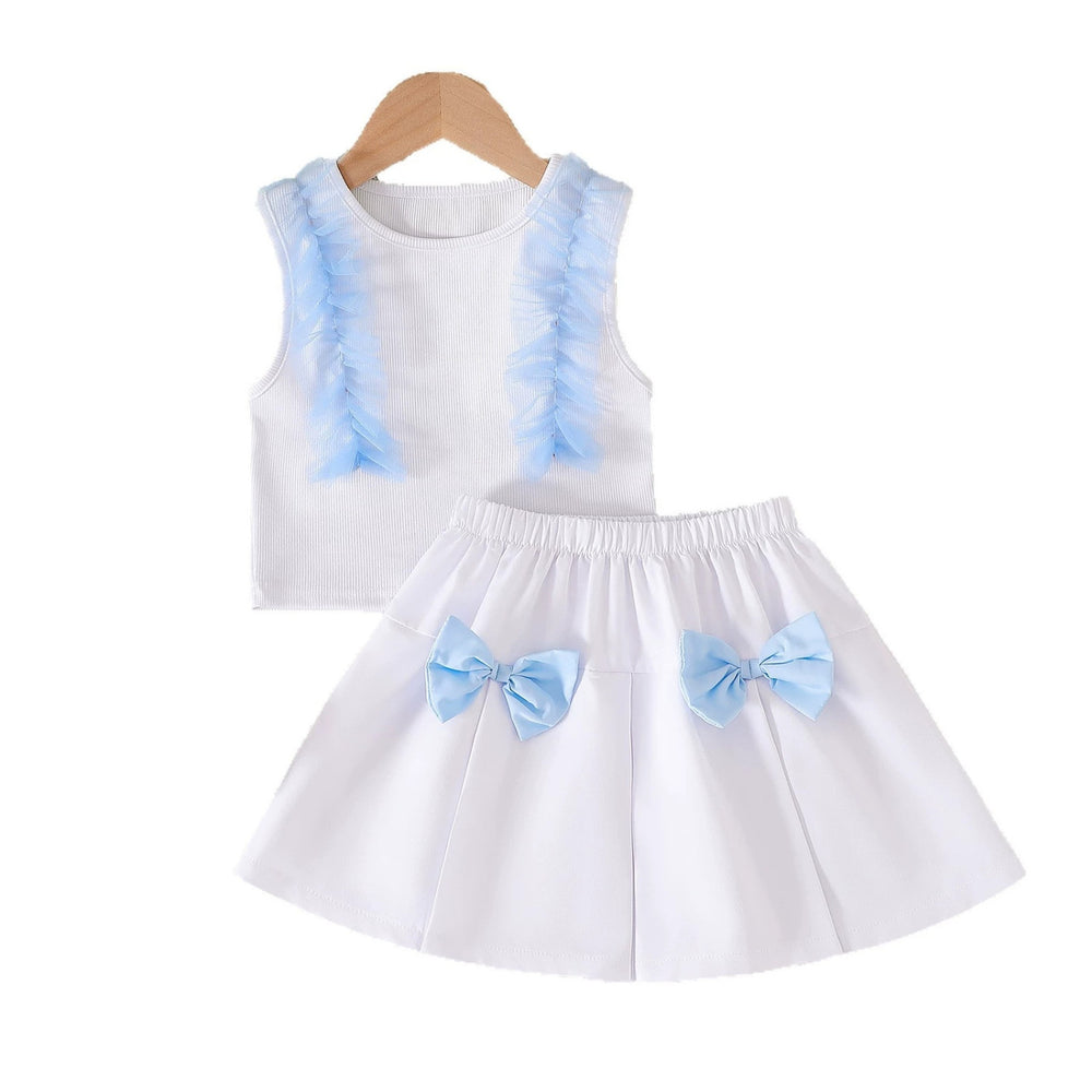 Girls' color block mesh sleeveless tank top and pleated skirt two-piece set - summer kids' 3d bowknot casual outfit