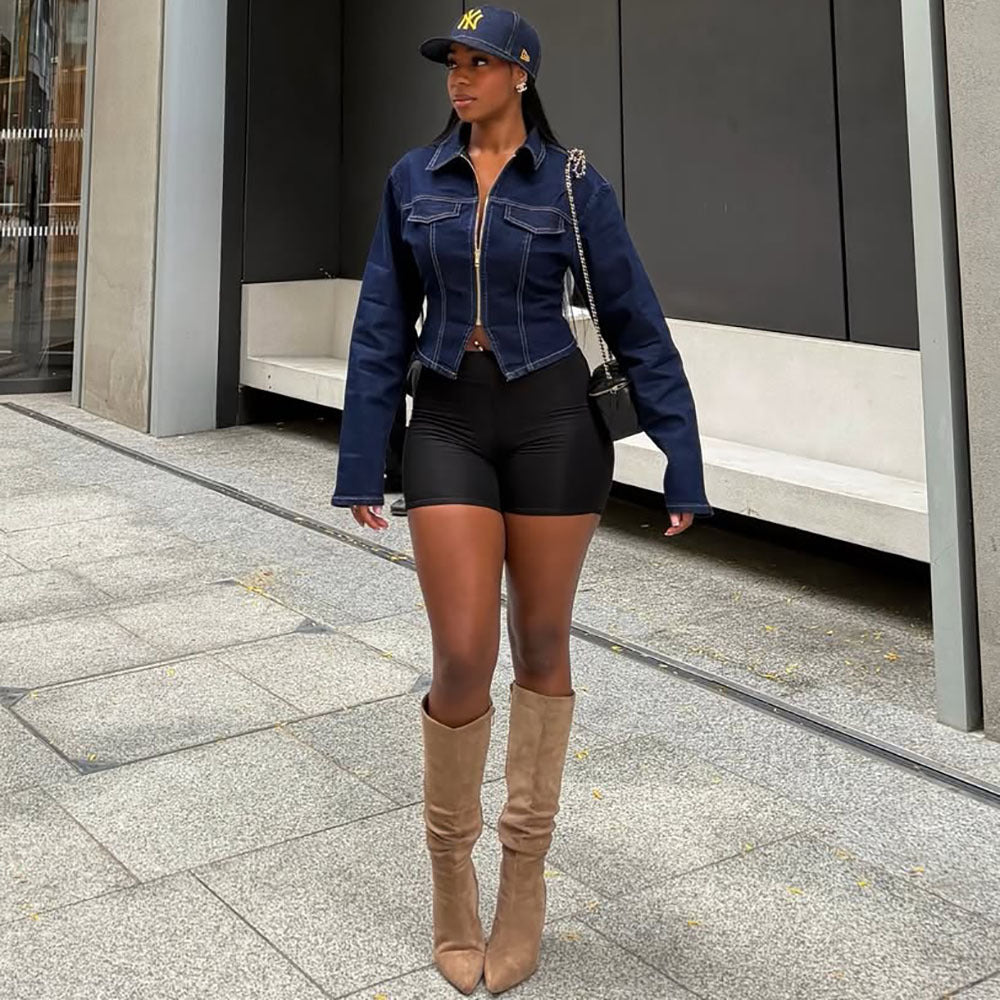 European and american style women's casual denim jacket -  cross-border women's fashion streetwear turn-down collar long sleeve cropped jacket