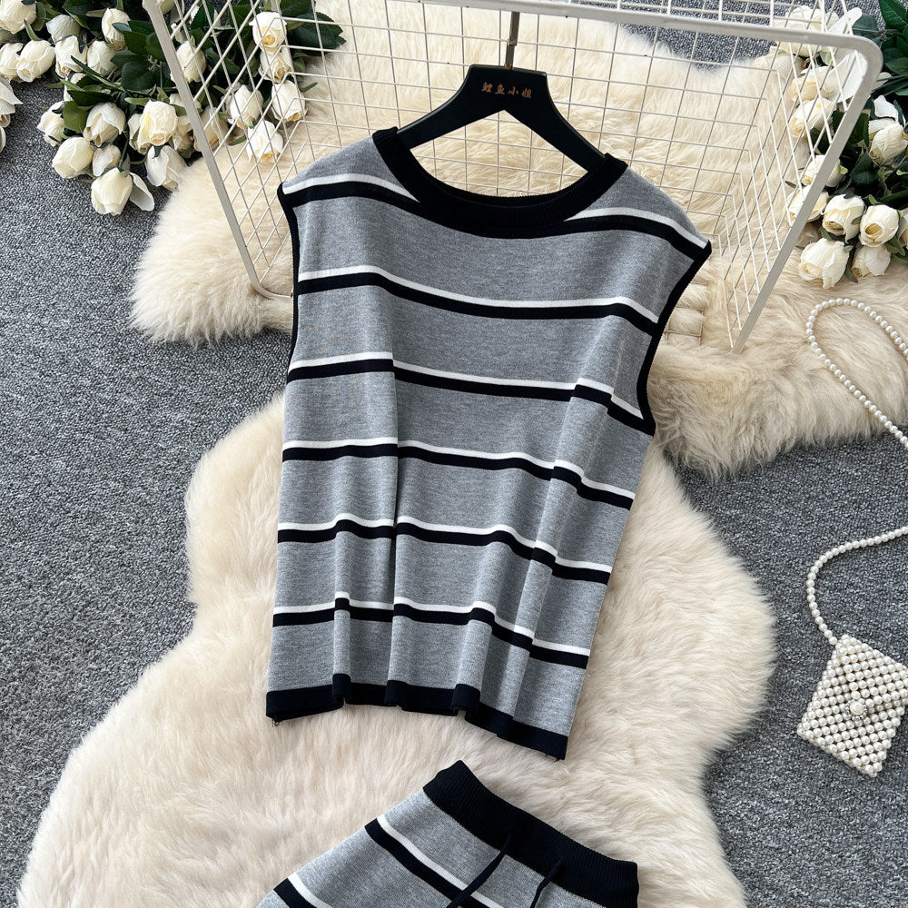 Pure desire style stripesknittingeleganttwo-piece set women's summer sleeveless vest high waist skirt work clothingelegantsuit