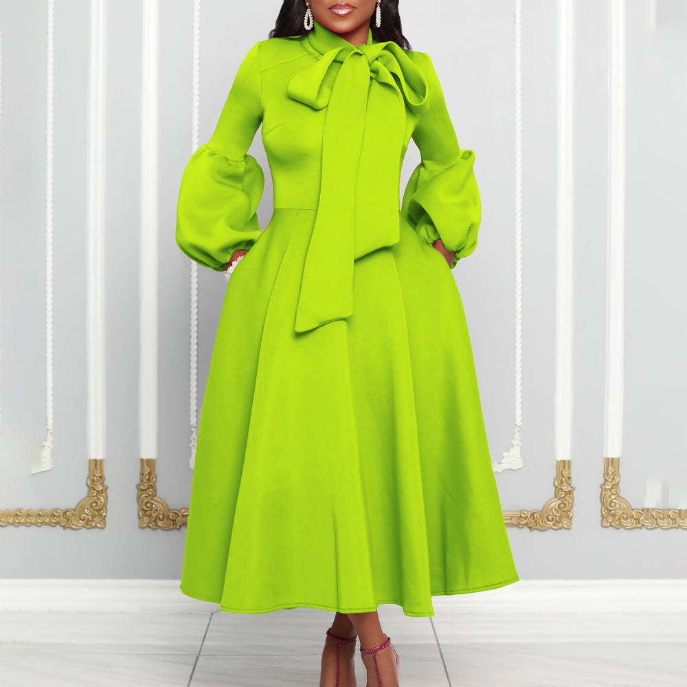 Independent station export women's clothing spring new arrival puff sleeves bowstie back large skirt high waist dress fashiondress