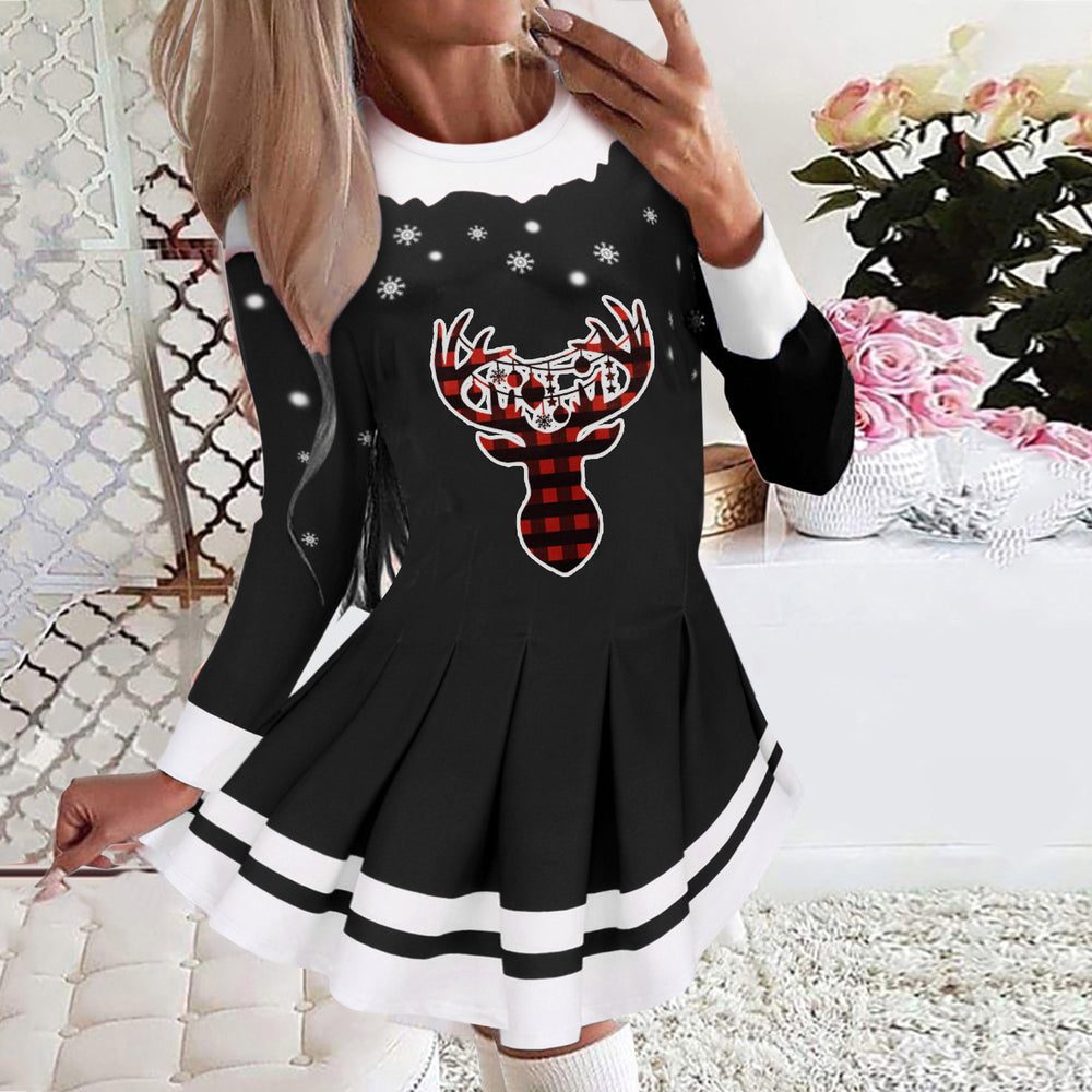 european and american cross-border women's autumn/winter new collection: round neck long sleeve pleated casual party dress
