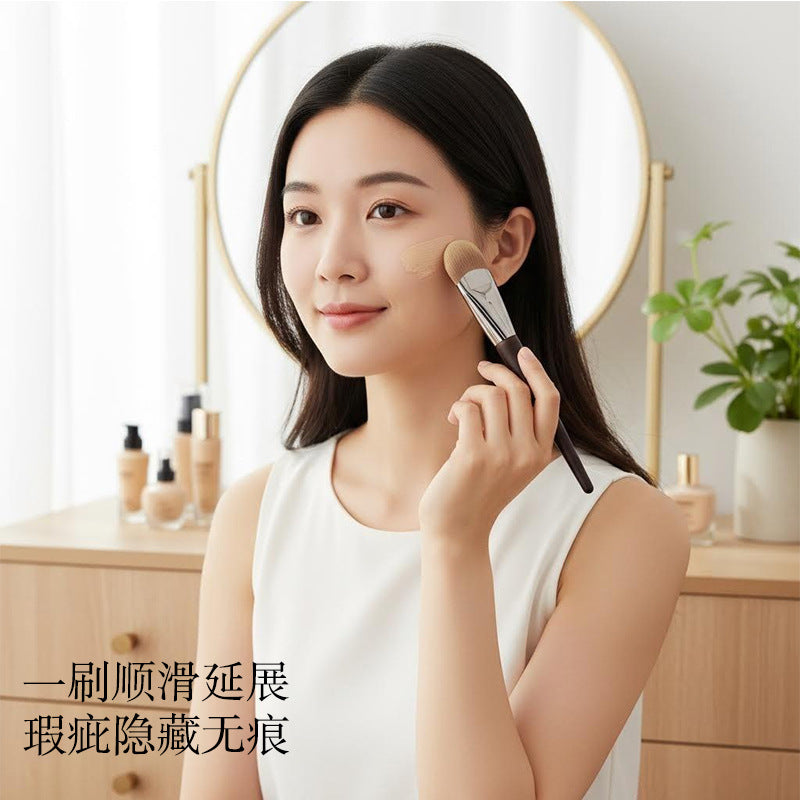 Single tongue-shaped traceless powder bottom brush with wooden handle, ultra-thin soft bristles, makeup brush, comfortable and non-eating powder, beauty tool, makeup brush